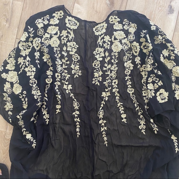 H&M Black Sheer Golden Floral Embroidered Detail Kimono Wrap Jacket Duster 8 M - Picture 4 of 6